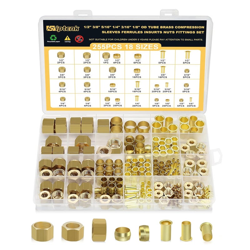Siptenk 255PCS Brass Compression Sleeves Ferrules Inserts Nuts Fittings for Tube OD 1/2" 3/8" 5/16" 1/4" 3/16" 1/8", 6 Sizes Hose Compression Fitting Brass Ferrule Kit - Image 1